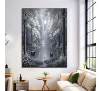 Peinture Sur Toile Impression Tableaux Forêt Paysage, Pleine Lune Cerfs Affiches Murale Art Tableaux, Salon Chambre Decoration à La Maison Peintures, Sans Cadre 60x90cm, Gris