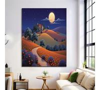 Peinture Sur Toile Impression Tableaux Paysage, Pleine Lune Collines Coquelicots Affiches Murale Art Tableaux, Salon Chambre Decoration à La Maison Peintures, Sans Cadre 50x70cm, Couleurs mélangées