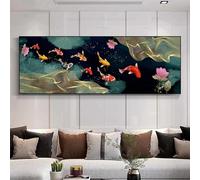 Peinture sur toile représentant neuf poissons koï de style chinois, carpe Feng Shui, poisson rouge, étang de lotus, affiche murale, décoration de salon, 50 x 150 cm (20 x 59 pouces), sans cadre