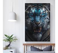 Peinture sur toile représentant un tigre sauvage aux yeux bleus, décoration murale prête à accrocher pour salle de bain, toilettes, 40 x 60 cm