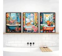 Peinture Sur Toile Représentant Un Zèbre, Un Tigre, Une Vache Et Un Animal Lisant Un Journal Sur Les Toilettes, Pour La Salle De Bain, Décoration Murale Pour Le Salon Ou La Maison 50X70Cmx3Pcs Sans Ca