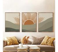 Peinture sur Toile tableau style bohème soleil orange paysage de montagne verte affiches imprimées Decoration murale pour chambre d'enfant salon Decoration de la maison 30 x 50 cm x 3 sans cadre