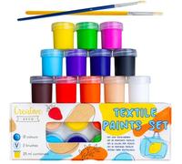 Peinture textile - CREATIVE DECO - Set 12 x 25 ml - 12 couleurs - 2 pinceaux - Permanente pour coton, jean, lin