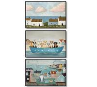 peintures abstraites de maisons de plage,décor de paysage marin,décoration murale estivale,village côtier,ensemble mural de galerie,art nautique rustique sur toile 60x80cmx3 sans cadre