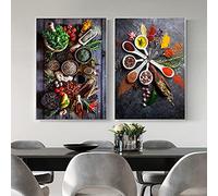 Peintures d'art de mur de toile de cuisine pour la décoration de salon, images d'affiche de cuiseur d'herbes d'épices décor de restaurant 50x75cm (20x30in) x2 avec cadre