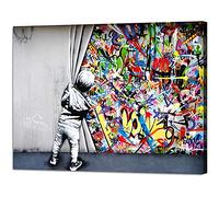 Peintures d'art mural Pop Art derrière le rideau Impressions sur toile Banksy Graffiti Affiches colorées Images étirées 60x100cm (24x39in) avec cadre