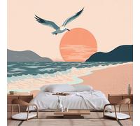Peintures murales de taille personnalisable, illustration vectorielle moderne - Coucher de soleil pastel serein avec montagnes et mouette volante, papier peint autocollant en tissu pour salon