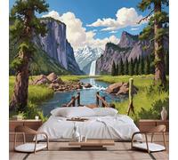 Peintures murales de taille personnalisable, peinture vibrante - Pont, rivière, bois persistant, cascade, montagnes sauvages, papier peint autocollant en tissu pour salon