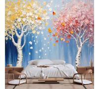 Peintures murales de taille personnalisable, style Impasto Deux bouleaux Paysage d'automne bleu dégradé, art mural fantaisiste et saisonnier imaginaire, papier peint autocollant en tissu pour salon