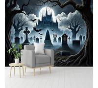 Peintures murales de taille personnalisée, cimetière gothique foncé sous pleine lune avec château et chauve-souris, papier peint autocollant amovible pour salon, chambre à coucher, magasin, bureau