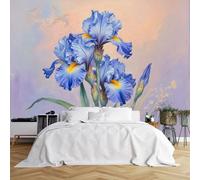 Peintures murales de taille personnalisée, iris bleus réalistes avec marques jaunes et blanches, fond dégradé rose, bleu, violet, tissu de revêtement mural autocollant (sans PVC), papier peint
