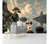Peintures murales de taille personnalisée, lac rocheux à flanc de colline avec escaliers et arbre balayé par le vent, papier peint autocollant amovible pour salon, chambre à coucher, magasin, bureau