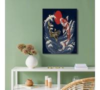 Peintures sur Toile Murale, Bleu marine Style Japonais avec Vagues Océaniques De Poissons Koi Affiche Moderne Imprimée Image Artistique Décoration Salon de Chambre à Coucher - 80x120cm Sans Cadre