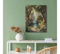 Peintures sur Toile Murale, Brun Vert Forêt De Conte De Fées avec Vallée Fluviale Arbres Anciens Affiche Moderne Imprimée Image Artistique Décoration Salon de Chambre à Coucher - 50x70cm Sans Cadre