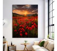 Peintures Sur Toile Sans Cadre, Poster et Images Champ De Coquelicots Moderne Lever De Soleil Paysage Décoration, Peintures Murales d'art Pour Salon et Chambre à Coucher, 70x100cm, Rouge