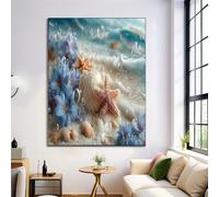 Peintures Sur Toile Sans Cadre, Poster et Images Étoile De Mer Fleurs Moderne Plage Vagues Décoration, Peintures Murales d'art Pour Salon et Chambre à Coucher, 80x120cm, Beige