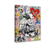 Peintures sur toile Street Art Graffiti Banksy Art mural abstrait Petit garçon et fille Illustration moderne Décoration d'intérieur pour salon, chambre à coucher, bureau encadrée prête à accrocher