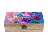 peiyeety Boîte de rangement en bois à motifs de roses roses et violettes, avec couvercle à charnière et fermoir sur le devant - Grande boîte à souvenirs