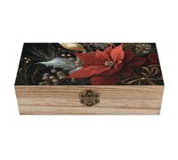 peiyeety Boîte de rangement en bois avec poinsettia rouge et ruban, couvercle à charnière et fermoir sur le devant, grande boîte à souvenirs