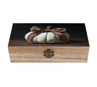 peiyeety Boîte de rangement en bois en forme de citrouille mignonne avec un nœud en ruban marron, couvercle à charnière et fermoir sur le devant - Grande boîte à souvenirs