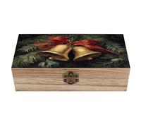 peiyeety Boîte de rangement vintage en bois avec deux cloches dorées et ruban rouge, couvercle à charnière et fermoir sur le devant, grande boîte à souvenirs