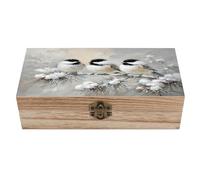 peiyeety Boîte de rangement vintage en bois, ornée de trois oiseaux perchés sur des branches de pin, avec couvercle à charnière et fermoir sur le devant. Grande boîte à souvenirs.