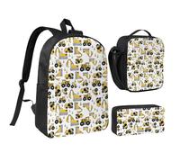 peiyeety Chariot élévateur, excavatrice, camion de transport, camion de ciment, ensemble de sacs à dos de 17 pouces, sac à déjeuner, sac à dos léger pour hommes et femmes, 3 pièces