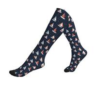 peiyeety Chaussettes de compression à imprimé voilier rouge et bleu pour femmes et hommes, 15-20 mmHg, pour infirmières, voyages, course à pied, sport, bas de compression