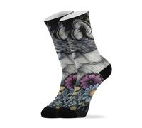 peiyeety Chaussettes noires mi-mollet à motif loup gris mystérieux pour homme, idéales pour la course et les loisirs.