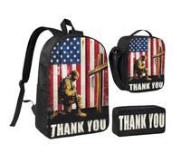 peiyeety Ensemble de 3 sacs à dos de 17 pouces pour hommes et femmes, motif soldat, héros, remerciement, vétérans, patriotique, Memorial Day, sac à déjeuner léger