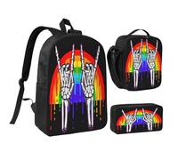 peiyeety Ensemble de 3 sacs à dos de 17 pouces, sac à déjeuner léger pour hommes et femmes, motif drapeau arc-en-ciel de la fierté gay, squelette de roche, crâne, geste