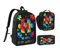 peiyeety Ensemble de 3 sacs à dos de 43 cm avec pièces de puzzle, motif tie-dye, pour la sensibilisation à l'autisme, sac à déjeuner léger pour hommes et femmes