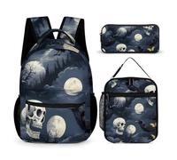 peiyeety Ensemble de sac à dos de voyage avec sac à lunch et sac de rangement Halloween Full Moon Raven Goth Skulls (1) Sac à dos Sacs à livres avec boîte à lunch Sacs à cosmétiques