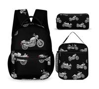 peiyeety Ensemble de sacs à dos de moto noir cool avec boîte à lunch et trousse de maquillage, sac à dos de voyage pour ordinateur portable, ensemble de sacs à dos décontractés