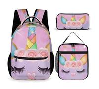 peiyeety Ensemble sac à dos pour ordinateur portable avec sac à lunch et trousse de maquillage, sac à dos de voyage avec sacs de rangement pour boîte à lunch (Licornes Face Rose Pink Art (2))