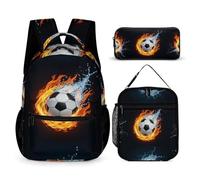 peiyeety Ensemble sac à dos pour ordinateur portable, sac à dos, sac à déjeuner et trousse de maquillage, sac à dos de voyage, sac à dos (Water Fire Soccer Football)