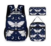 peiyeety Ensemble sac à dos pour ordinateur portable, sac à lunch et trousse de maquillage, sac à dos de voyage avec sacs de rangement pour boîte à lunch (Occultisme Goth Moth Dead Skull Moon (2))