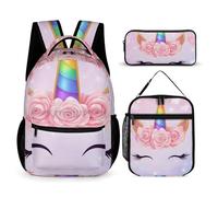 peiyeety Ensemble sac à dos, sac à dos avec boîte à lunch et trousse de maquillage, sac à dos de voyage, sac à dos de jour (Licornes Face Rose Pink Art (1))