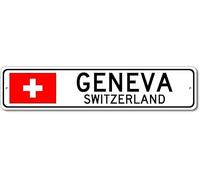 peiyeety Genève, Suisse - Plaque de rue avec drapeau suisse - Décoration murale fantaisie, plaque en métal, Man Cave - 4 x 16 pouces