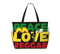 peiyeety Grand sac cabas de plage Peace Love Reggae pour femmes avec fermeture éclair et poche imperméable, sac de sport pliable et léger idéal pour les ges, les courses, la natation et le sport.
