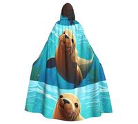 peiyeety La cape à capuche imprimée avec un phoque de dessin animé pour adulte est un poncho à capuche d'Halloween très grand, confortable et résistant.