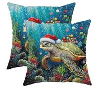 peiyeety Lot de 2 Housses de Coussin Motif Tortue de mer 14 x 14 cm, SoftSea Christmas, taies d'oreiller sous-Marines avec Fermeture éclair, décoration de Noël pour canapé, Salon, véranda