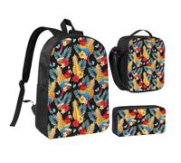 peiyeety Lot de 3 sacs à dos de 43 cm, motif tropical, ara, noix de coco, ananas, fruits, sac à déjeuner, sac à dos léger pour homme et femme