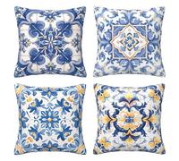 peiyeety Lot de 4 Housses de Coussin carrées 45 x 45 cm, en Peluche, pour canapé, lit, terrasse, Jardin, décoration de Ferme, Fleurs Bleues, R3802