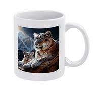 peiyeety Mug en céramique blanche à fond épais, motif lions des montagnes, idéal pour la maison et le bureau, 9,7 cm x 8,1 cm.