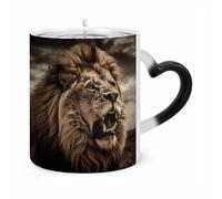 peiyeety Mug Lion en colère en céramique thermosensible à changement de couleur, avec anse en forme de cœur personnalisée, design créatif et tasse à eau classique pour hommes et femmes.