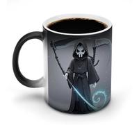 peiyeety Mug thermosensible « Dieu de la Mort Foudroyante » en céramique noire, message apparaissant lorsqu'il chauffe, cadeau d'anniversaire pour un proche.