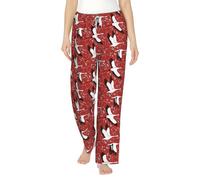 peiyeety Pantalon de pyjama pour femme avec poches, motif cigognes volantes et florales, blanc et rouge, doux et confortable, avec cordon de serrage