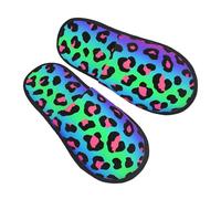 peiyeety Pantoufles à imprimé léopard néon arc-en-ciel dégradé pour femmes, chaussures d'intérieur et d'extérieur duveteuses, à enfiler