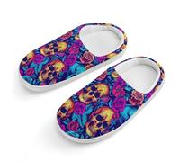 peiyeety Pantoufles en coton mignonnes à motifs de roses psychédéliques et de crânes, antidérapantes, pour l'intérieur et l'extérieur